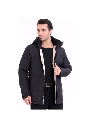 Erkek İçi Kürklü Çıkma Kapüşon Su Ve Rüzgar Geçirmez Kapüşonlu Kışlık Mont & Kaban & Parka Siyah