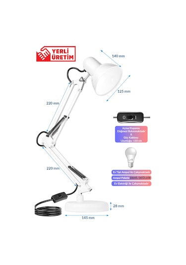 2li Set Masa Lambası + Kronometreli Öğrenci Saati Akrobat Metal 360 Çalışma Masası Lambası Beyaz Beyaz