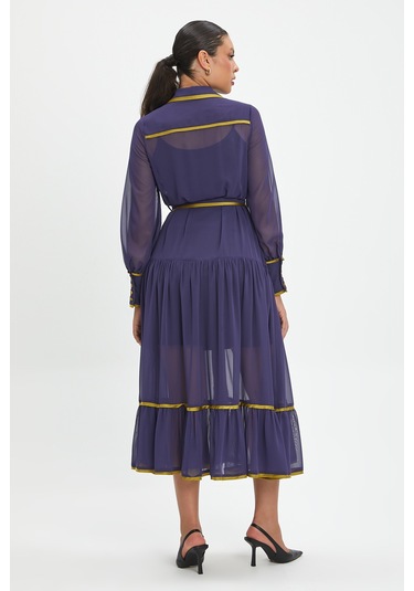 Şifon Ve Bağcıklı Midi Boy Elbise - Kontrast Şerit Detaylı - Günlük Ve Özel Günlük Şıklık Mor