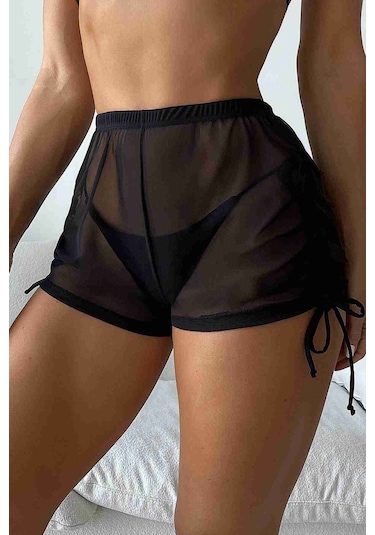 Tül Plaj Şortu Pareo Cover Up Kimono Siyah