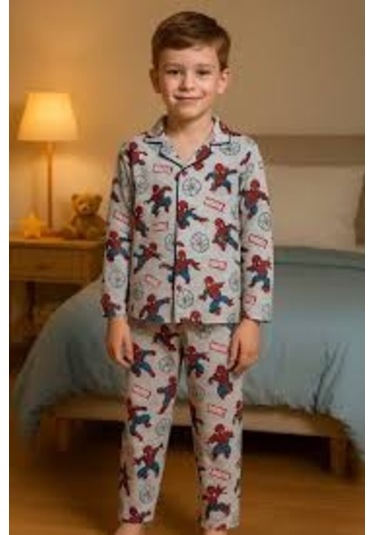 Erkek Çocuk Karekter Desenli Düğmelli Pijama Takımı Gri Kırmızı
