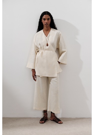 Keten Kruvaze Kapama Kimono Vanilya Vanilya