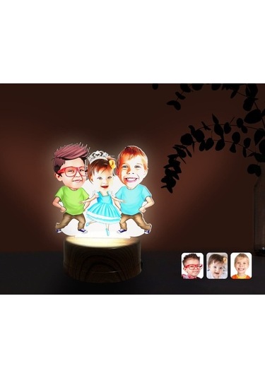 Kişiye Özel 3 Kardeş Karikatürlü Dekoratif 3D Biblo Led Işıklı Ge (483006920)