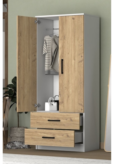 Point 2 Kapaklı 2 Çekmeceli Gardrop Beyaz Çam