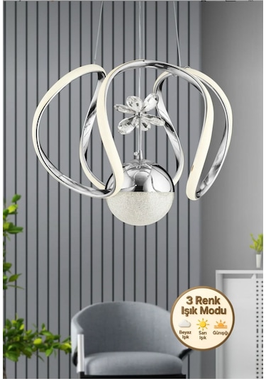 Luxora Model Krom Kaplama 3 Renk Metal Salon Mutfak Oturma Yatak Odası Modern Led Sarkıt Avize Krom