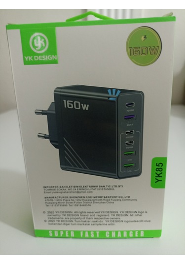 Yk Desıgn Yk85 160w Pd/usb/pd 6 Çıkışlı Şarj Başlığı Siyah