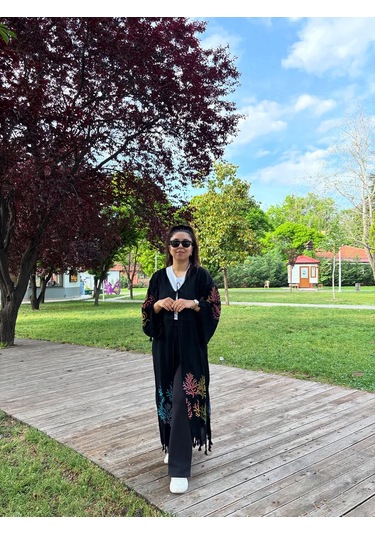 Siyah Mercan Desenli Kaftan Kimono Renkli Desenli Salaş Plaj Ve Günlük Kullanım Siyah - Turuncu