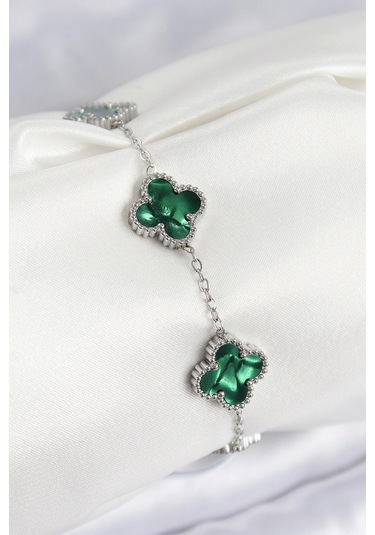 316l Çelik Sedefli Zümrüt Yeşil Gümüş Renk Yonca Kadın Bileklik Çok Renkli