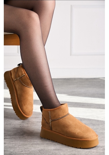 400U Kalın Taban Ultra Mini Süet Günlük Kadın Bot - Taba