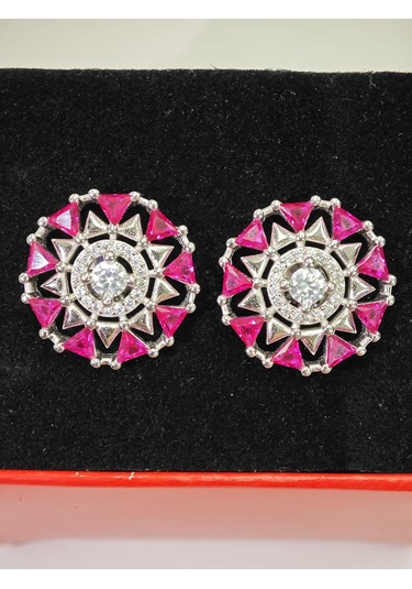 Silver Point Pembe Taşlı Çivili Küpe Gümüş