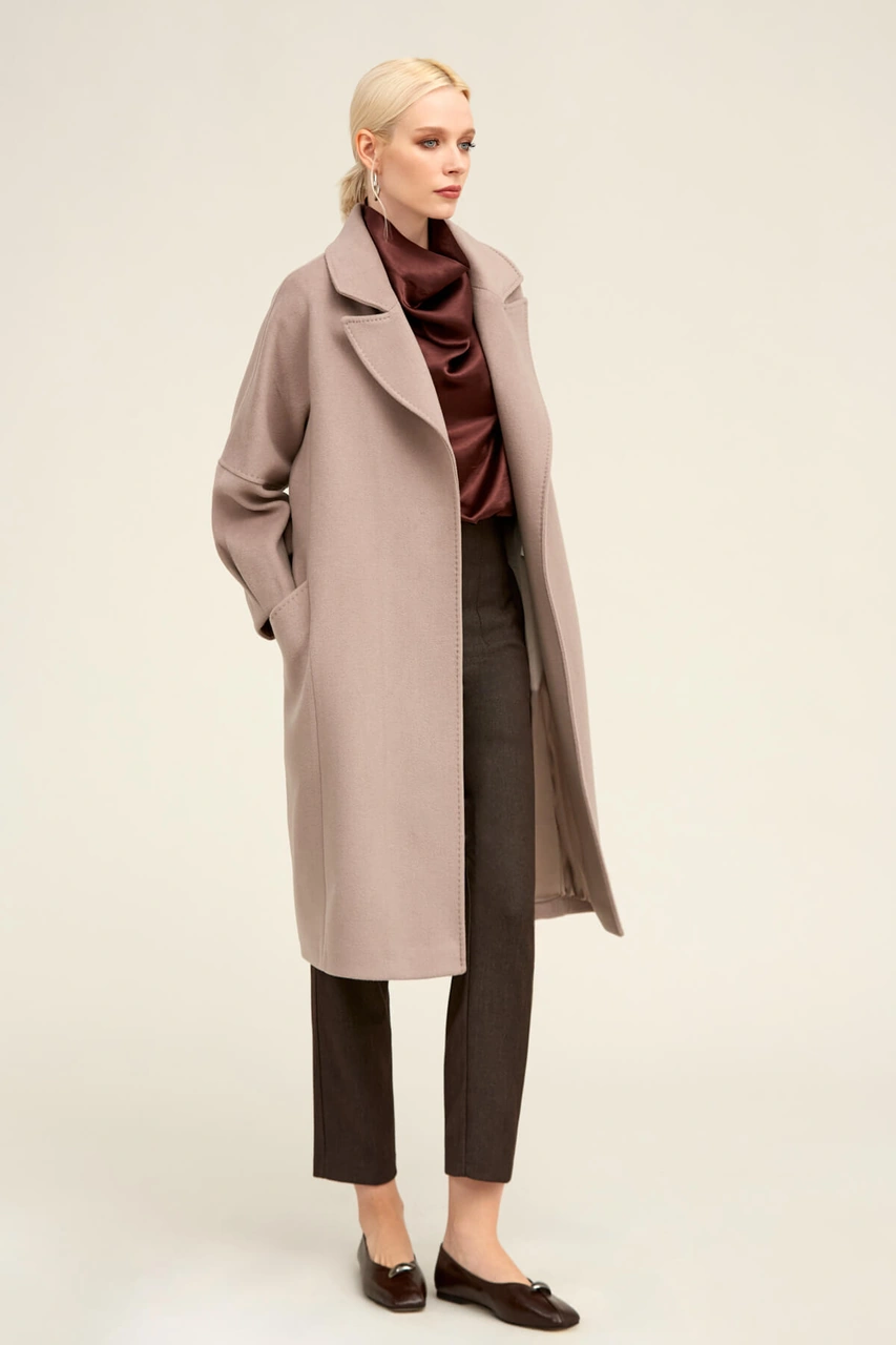 Saykı Woman Taş Regular Fit Ceket Yaka Kaşe Yünlü Oversize Manto Taş