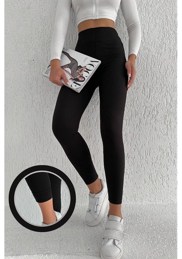 Kadın Içi Polarlı Fitilli Yüksek Bel Toparlayıcı Tayt Siyah