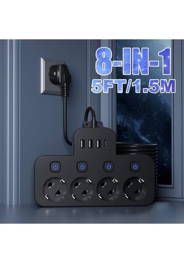 Besthome1 8 Adet Güç Şeridi 4 Ac Çıkışı 3 Usb 1 Type-c Siyah Kısa Kablo Bağımsız Anahtar