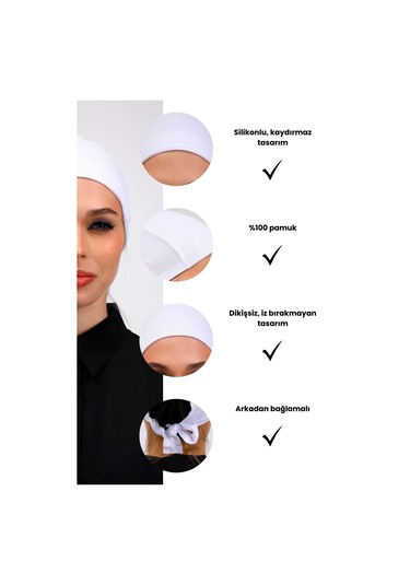 Kaymayan Silikonlu Dikişsiz Bone Beyaz - Kaymaz Kadın Tesettür Bağlamalı İç Bone Beyaz