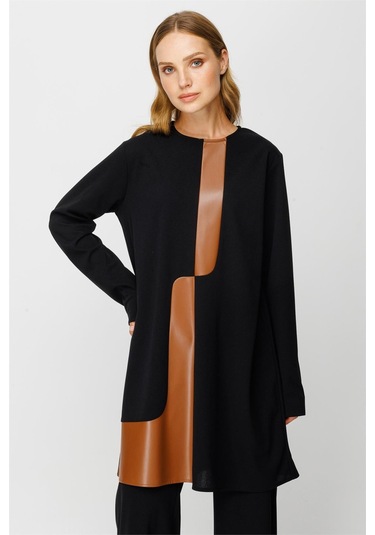 Deri Detaylı Pantolon Tunik Takım Siyah-siyah Siyah