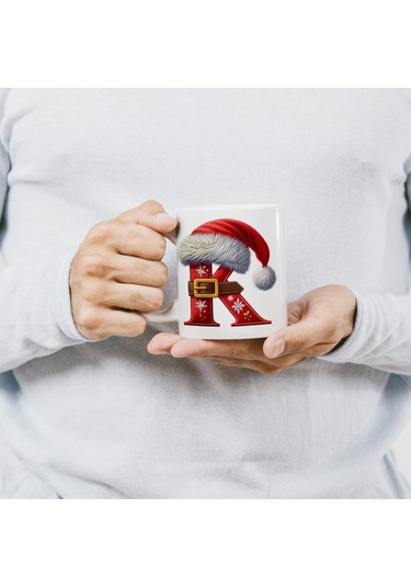 K Harfi Yılbaşı Temalı Bardak 330 Ml Harfli Kişiye Özel Hediye - Yeniyıl / Noel Şapka Tasarım Beyaz