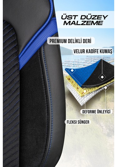 Siyah - Mavi Garni Panda Monte Carlo Serisi Velor Kadife Kumaş Oto Koltuk Kılıfı - Tam Set