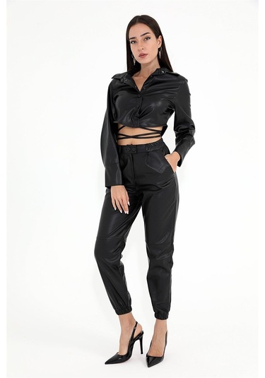 İçi Kadife Bağcıklı Kadın Kısa Deri Gömlek - Siyah-siyah Siyah