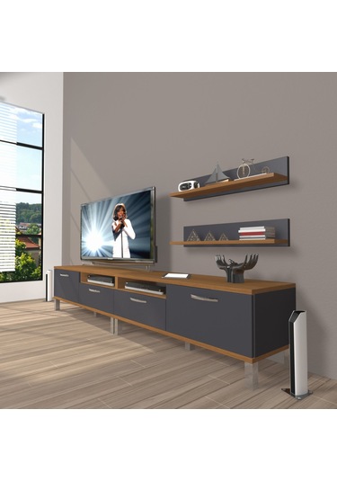 Decoraktiv Eko 200r Mdf Krom Ayaklı Tv Ünitesi Tv Sehpası Ceviz - Antrasit