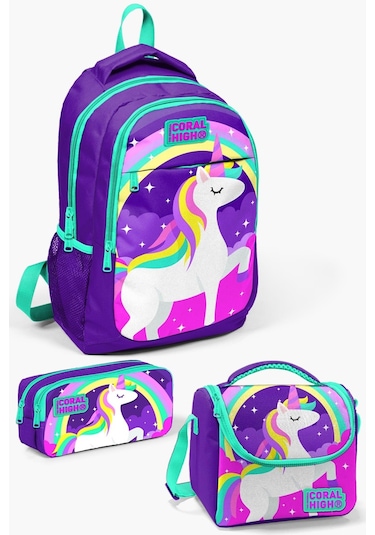 Coral High Kids Mor Su Yeşili Unicorn Desenli 3'lü Okul Çanta Seti 0114376