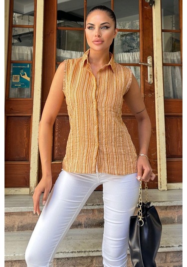 Kadın Hardal Çizgili Desen, Dokulu Bodrum Kumaş, Kolsuz Rahat Gömlek HARDAL