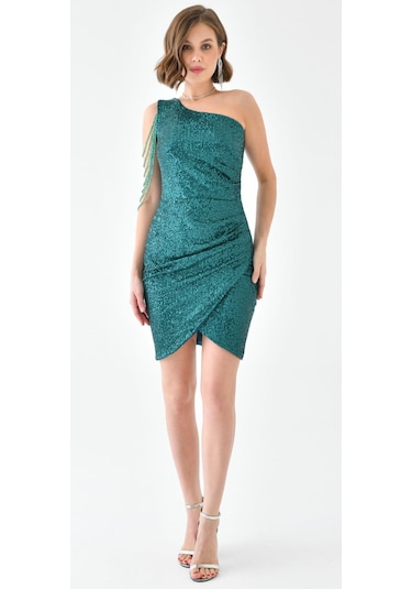 Hanife Glam Couture Hanife Glam Tek Omuz Taş Tasarımlı Mini Pulpayet Elbise Zümrüt