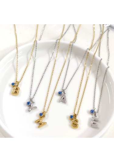 Çelik 1 Cm Nazar Boncuklu Mini Harf Kolye - Altın Sarı - M Harfi Beyaz