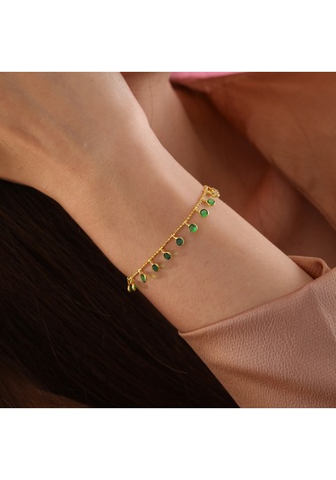 Queen Silver Jewelry 925 Ayar Gümüş Yeşil Renk Geçişli Top Zincirli Bileklik Altın