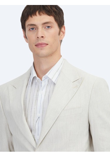 Kip Bej Desenli Modern Fit Keten Karışımlı Takım Elbise