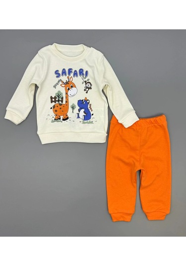 Erkek Bebek Safari Baskılı Alt Üst İkili Gündelik Takım Turuncu