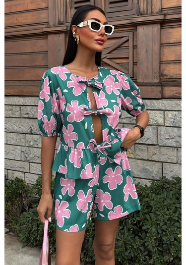 Kadın Multi Çiçek Desenli Poplin Kısa Takım Çok Renkli