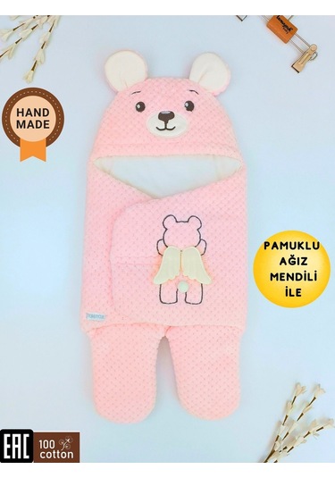 Kışlık Bebebk Battaniyesi Ayaklı Dış Kundak Yumuşak Dokulu Sevimli Ayıcık Nakış Arya Kumaş Pamuklu Pembe