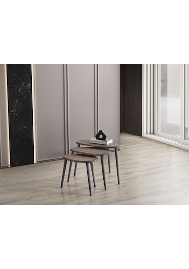 Masif Doğal Ahşap Zigon Sehpa 3'lü Set, Modern Antrasit Yan Sehpa