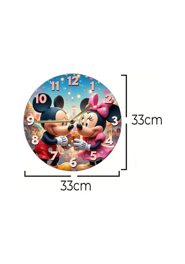 Mickey & Minnie Temalı Renkli Mdf Duvar Saati 3d Görünümlü, Sessiz Mekanizmalı, 2d Hd Baskı Sdw242 Renkli