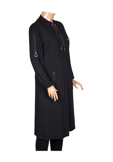 Hesna Kadın Zeren Büyük Beden Baharlık Fermuarlı Siyah Kap Ceket Siyah