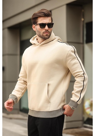 Madmext Bej Kapüşonlu Kanguru Cep Erkek Sweatshirt E7163 Bej