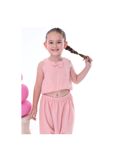 Zuzunga Airobin Kumaş Fiyonk Detaylı Kız Çocuk Şalvar Tkımı Alt-üst Pembe