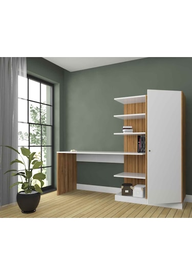 Bicabin Bicabin Narin Raflı Dolaplı Çalışma Masası Beyaz  -  Ceviz