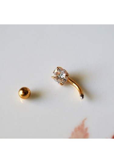 Heppii Cerrahi Çelik Ucu Taşlı Göbek Piercingi Gold Renkli Altın