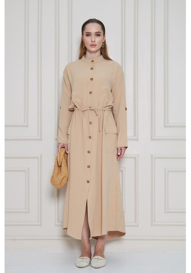 Kadın Yeni Sezon Krep Cepli Uzun Katlanabilir Kollu Büzgülü Elbise Yazlık Günlük Giyçık Bej