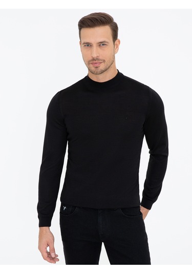 Cacharel Siyah Slim Fit Çeyrek Balıkçı Yaka Basic Triko Kazak