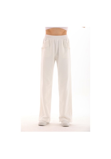 Kallima Ekru Beyaz Tasarım Cepli Şeritli Üç İplik Eşofman Altı Beyaz