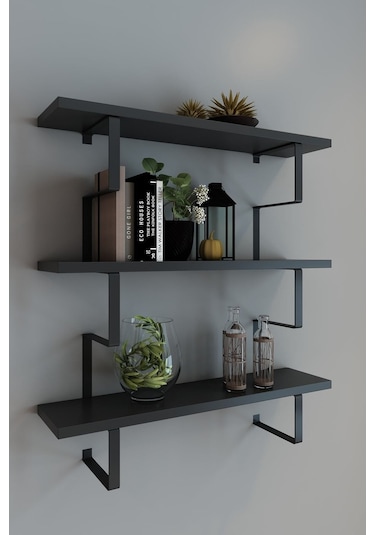 Metal Ayaklı Duvar Rafı, 3 Katlı Duvar Rafı, Kitaplık, Saksılık, Banyo, Mutfak, Salon, 60 70 15 Cm Antrasit