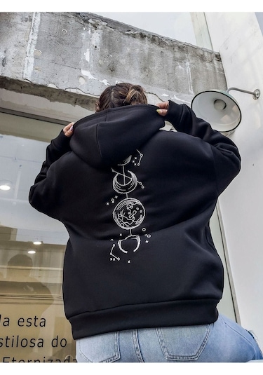 Altamira Unisex Siyah Galaksi Baskılı Oversize Kapşonlu Sweatshirt 001