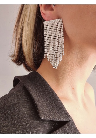Fenomen Sallantılı Taşlı Gece Abiye Silver Küpe