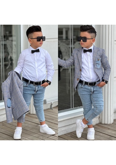 Uğurböceğiçocuk Ekose Denim Detaylı 5'parça Erkek Çocuk Takım 001