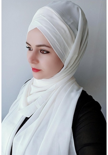 Tesettür Kadın Üç Bantlı Hazır Şal Beyaz