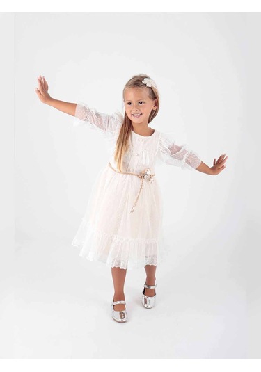 Ahengim Kız Çocuk Tokalı Kemerli Dantelli Trend Tül Elbise Ak2206 001