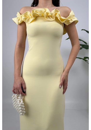 Arlina Madonna Yaka Göğüs Büzgülü Uzun Sarı Abiye Elbise Sarı