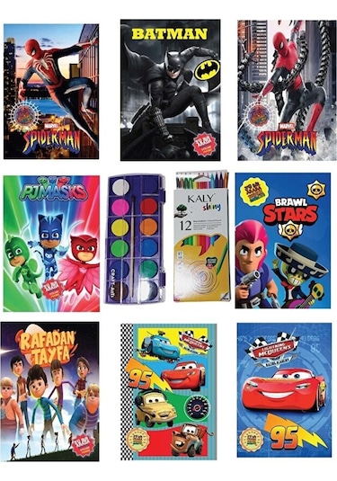 8 Adet Boyama Kitabı Stickerli + Kuru Boya Ve Sulu Boya